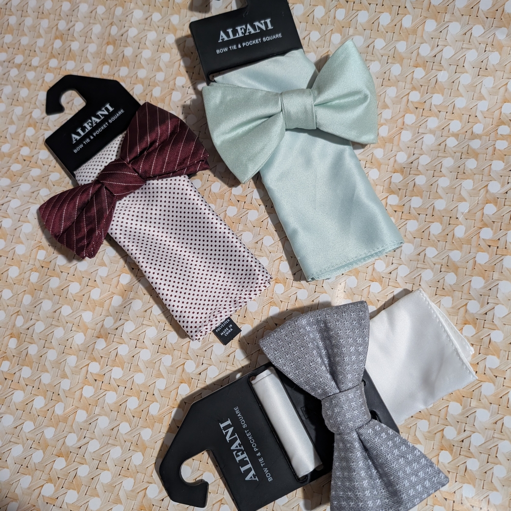 Alfani Pocket Squares and Bow Ties Set - Mint, Burgundy, Gray